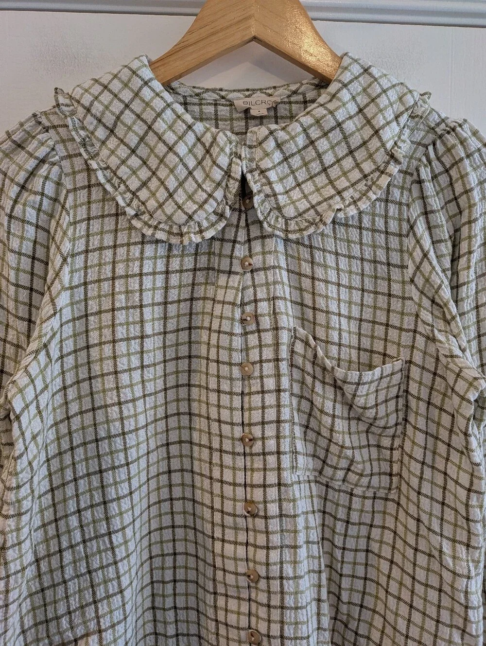 Anthropologie Pilcro Keira Peter Pan Collar Blouse Green Plaid Lone Sleeve Sz S